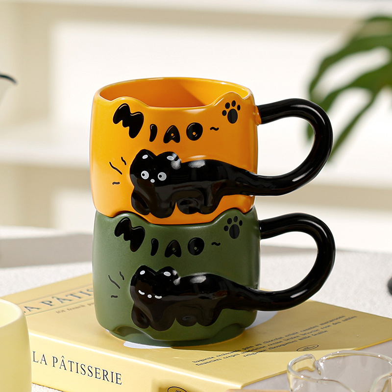 Black Cat Mug Animal Embossed Cup Big Handle English Letter Coffee Cup Hand-painted Ceramic Cup High Temperature Resistant Black Cat Mug Animal Embossed Cup Big Handle English Letter Coffee Cup Hand-painted Ceramic Cup High Temperature Resistant
