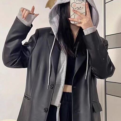 Women's Black Leather Jacket Suit Coat 2026 Spring Season Korean Version Fashion New Loose Elegant High-End Little Suit