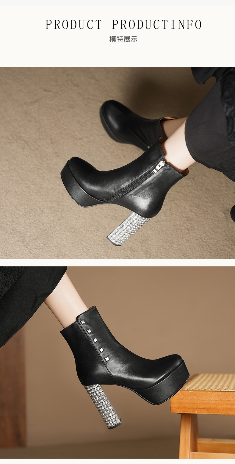 Boot nữ cổ thấp gót siêu cao 11 cm đế platform da bò đầu, đính đá pha lê — Lớp lót nhung đen chi tiết 4