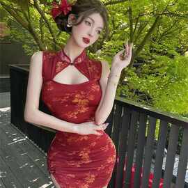 新中式旗袍连衣裙女2026年新品无袖收腰性感镂空开叉修身包臀短裙