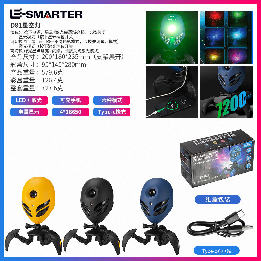 Alienígenas transfronterizos dinámicamente girando luz de estrella 6 nebulosa láser giratoria interior y exterior camping luz de atmósfera