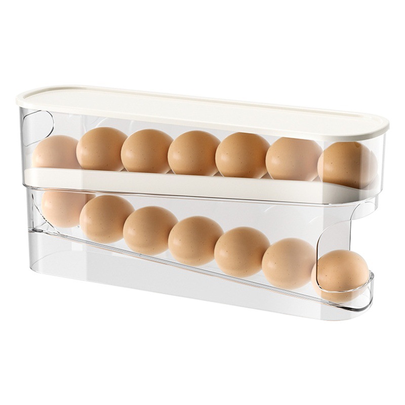 Egg Carton Storage for Refrigerator, Food-Grade Rolling Egg Rack, Kitchen Preservation Freezer Side Door Storage Box with Lid