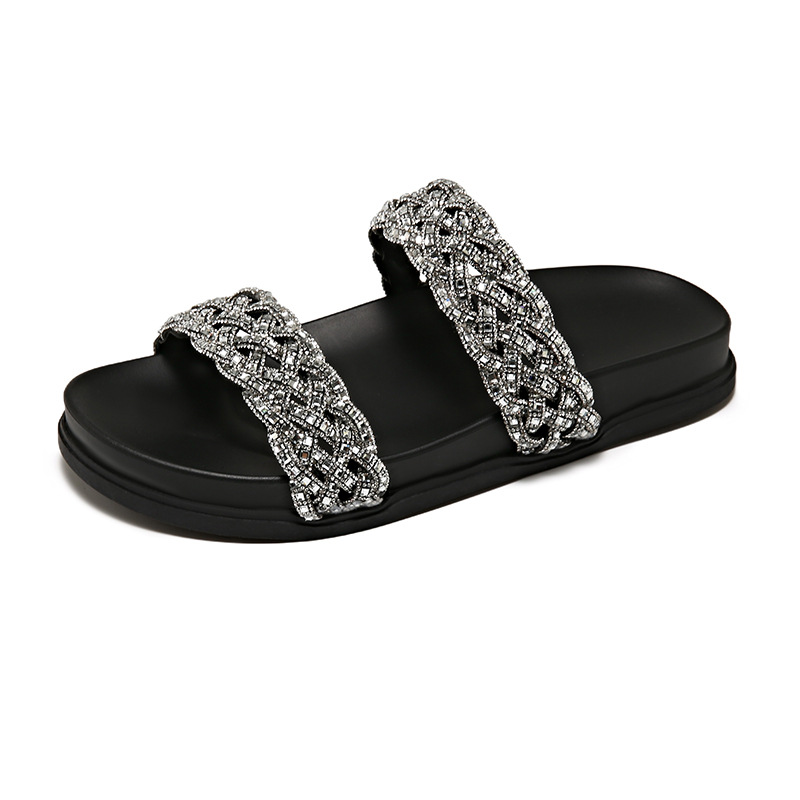 Women's Sparkling Diamond Woven Flat Sandals Comfortable Slip-ons_voghion.com