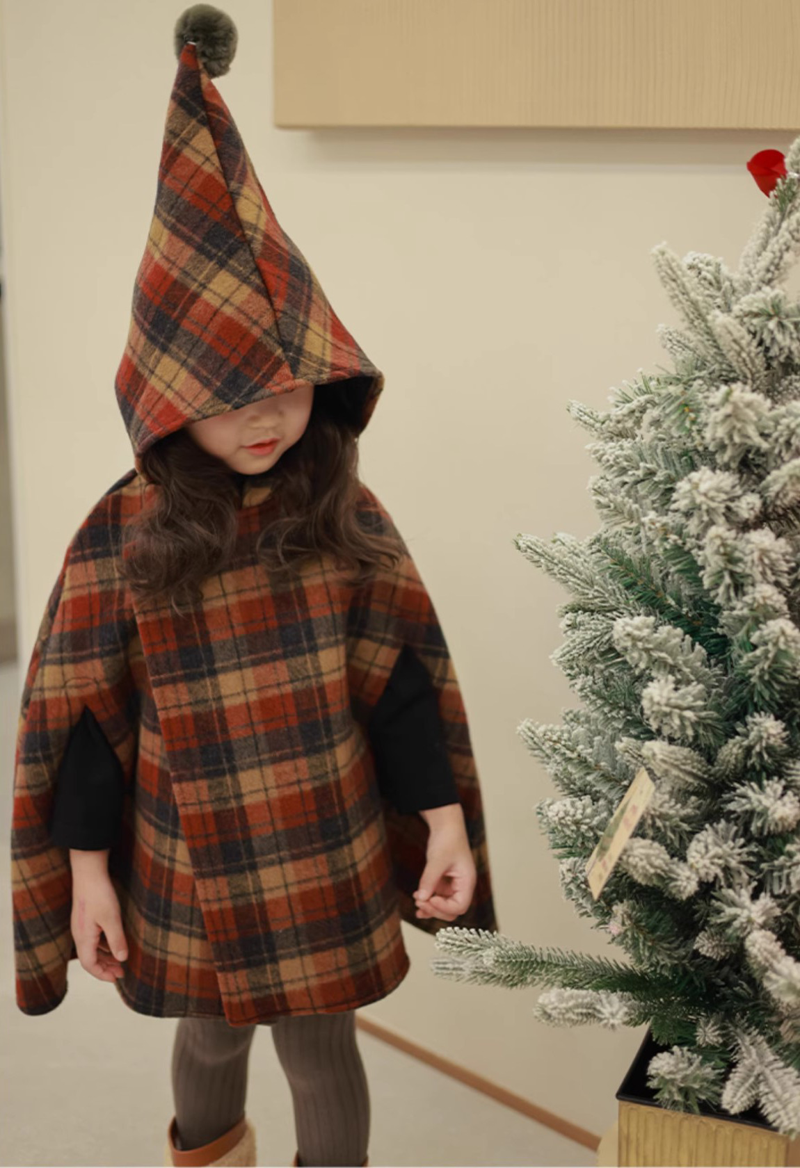 Kinderkleidung Mädchen Herbst und Winter neue Kinder spitzer Hut karierter Baumwollclip dicker Wollmantelumhang_voghion.com