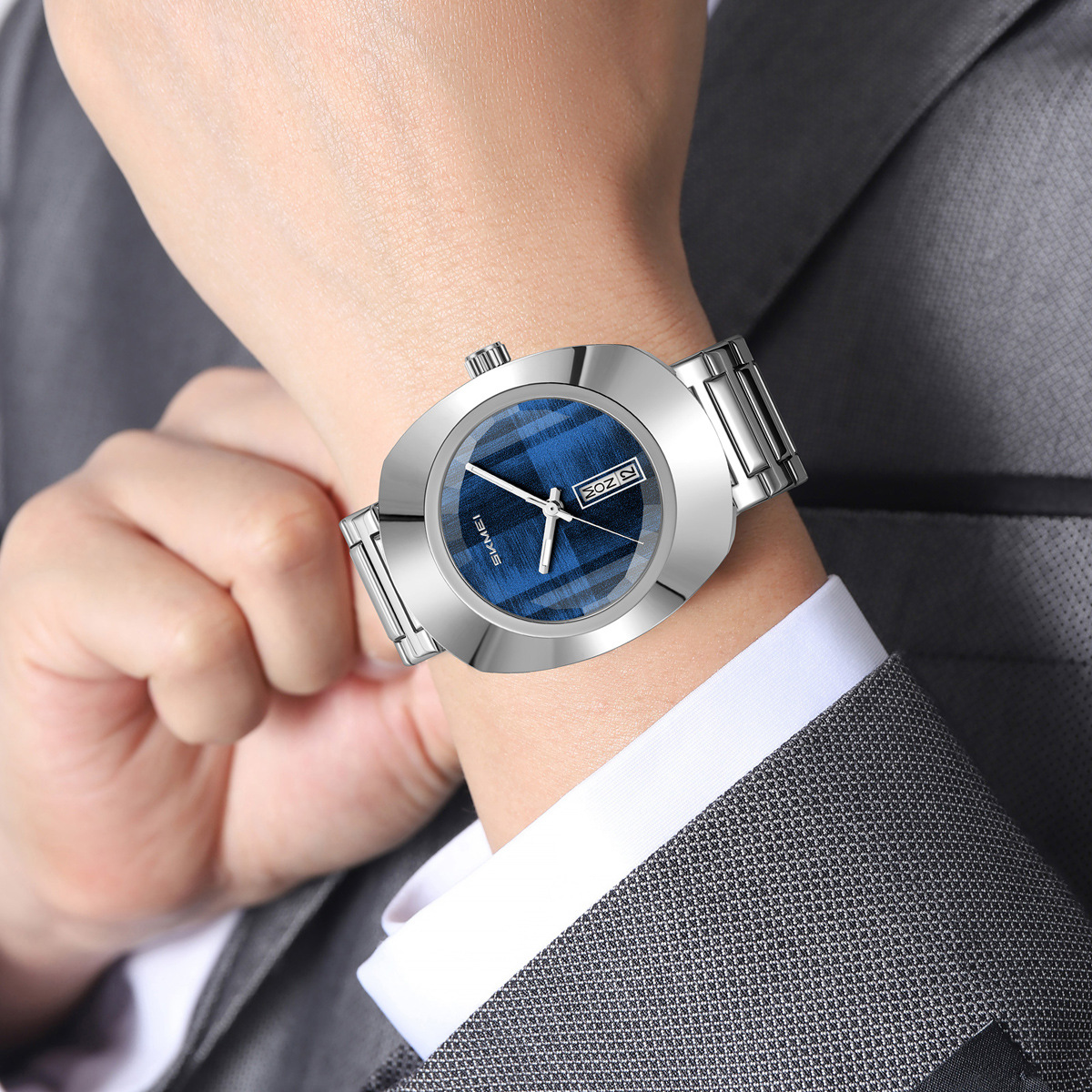 Momento de belleza azul acero correa relojes de cuarzo hombre retro impermeable relojes de negocios comercio exterior al por mayor regalos fábrica personalizada