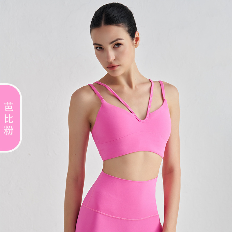 Desnudo con cuello en V, doble cabestrillo, chaleco de yoga, almohadilla para el pecho, tirantes finos, ropa interior deportiva, sujetador de fitness para mujer, hermosa espalda