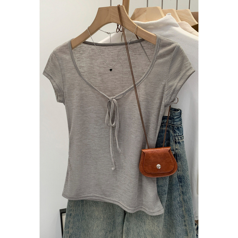 Summer Ootd Design Thin Lace-Up U-Neck Right Shoulder Short-Sleeved T-Shirt for Women 2025 New Style Waist Slimming Look Elegant
