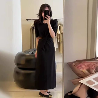 欧货高端精致夏季正式场合绝美气质露腰女神范黑色泡泡袖裙子