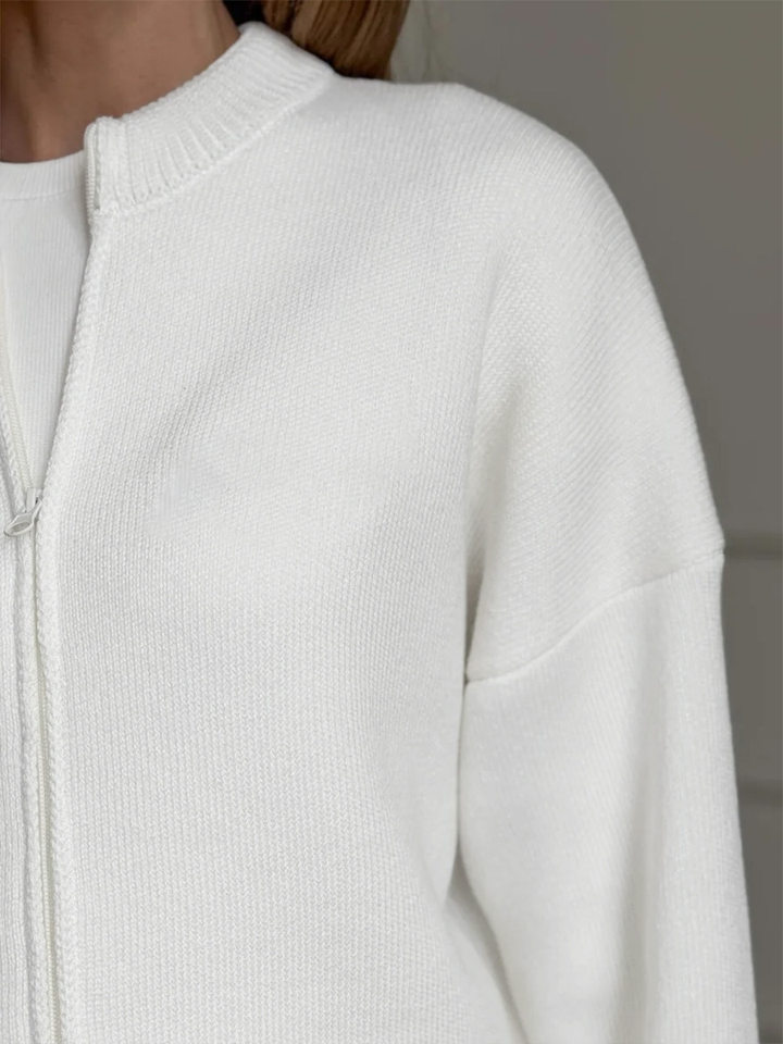 Bộ áo cardigan dệt kim khóa kéo dài tay phối quần ống rộng cho nữ — Màu nâu, Màu trắng, Màu xanh dương chi tiết 14