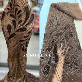 2025新款网纱布料精致珠管绣亮片花型珠片刺绣面料礼服婚纱演出服