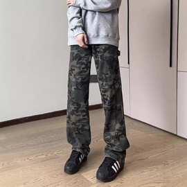 迷彩工装牛仔裤男春秋新款美式高街复古裤子宽松直筒阔腿长裤子潮