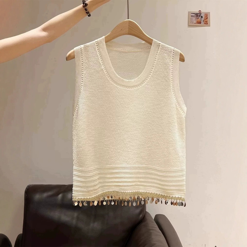 Ethnic Style Tassel Sequin Sleeveless Top Women's Summer High-End T-Shirt Mulberry Silk Knitted Camisole