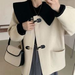 欧美跨境亚马逊撞色娃娃领毛呢外套女秋冬翻领加厚小个子呢子大衣