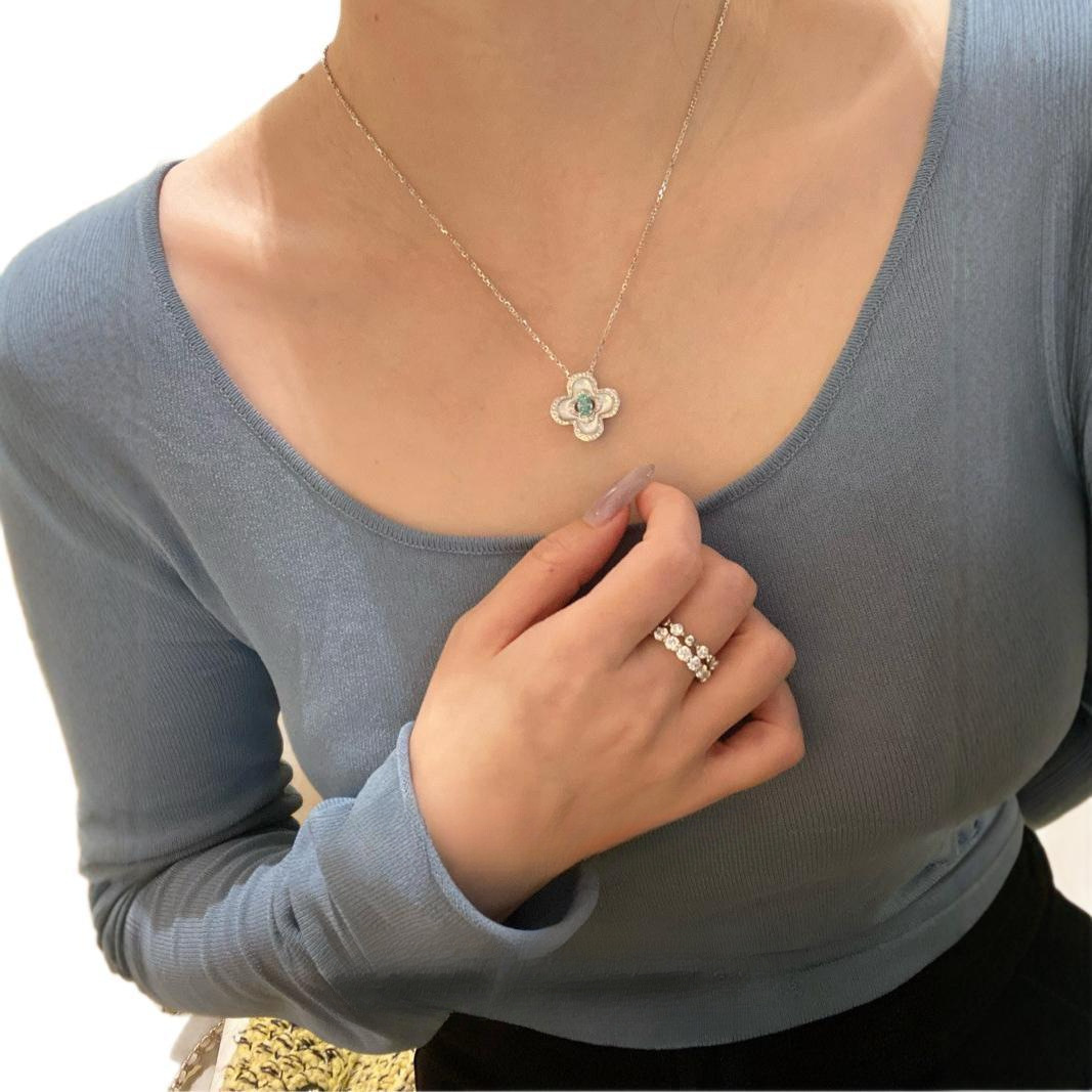Middle ancient style Paraiba S pure silver necklace, women's four leaf clover white Fritillaria collarbone chain, navy_voghion.com