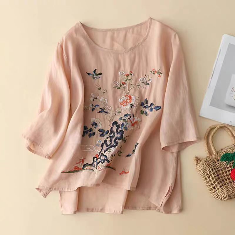 2025 summer trend new fashion clearance art heavy industry embroidery loose crew neck half sleeve top 328