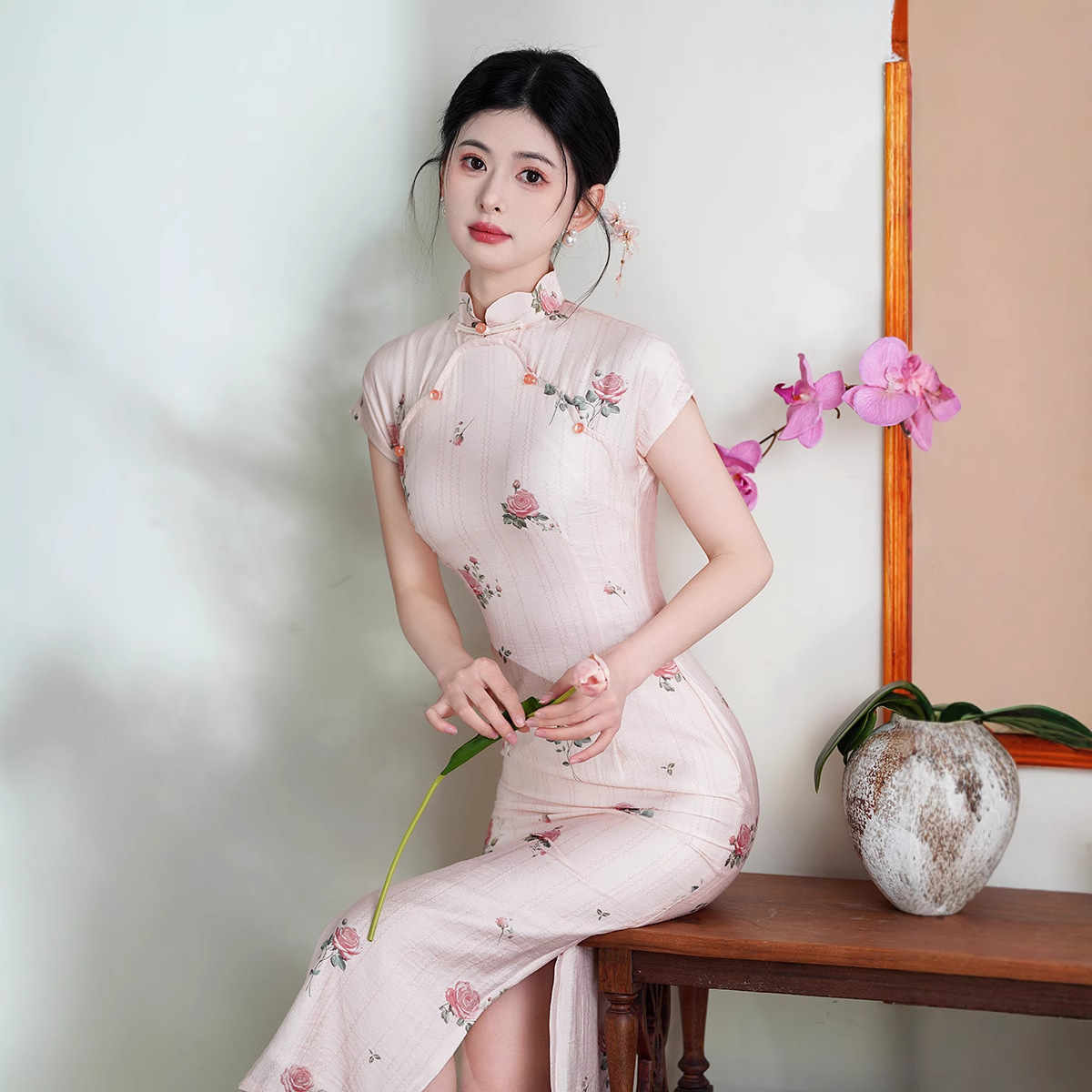 Fashionable summer bamboo cheongsam with zipper
