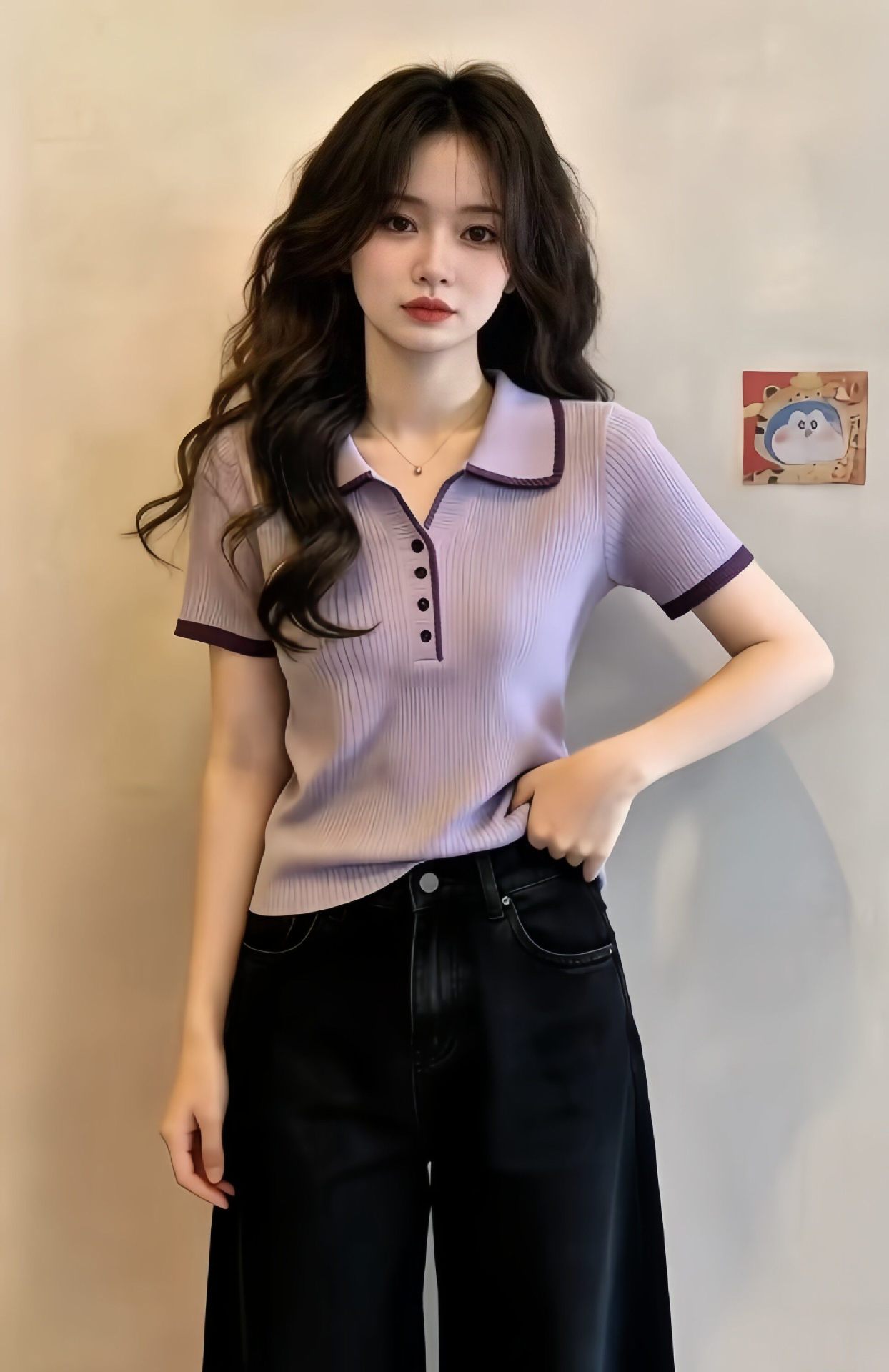 Áo thun polo nữ tay ngắn dệt kim phối màu vai thon gọn — màu tím chi tiết 2