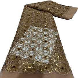 格子高档做色重工花边珠管绣蕾丝面料婚纱礼服面料厂家现货Beaded
