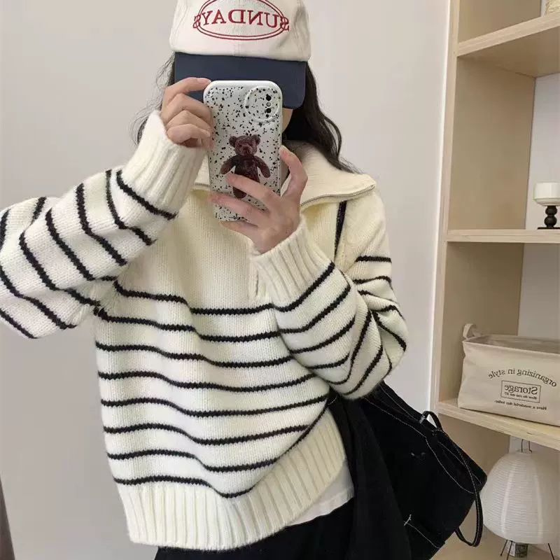 跨境2025条纹polo翻领半拉链针织套衫女新款宽松韩系慵懒风针织衫