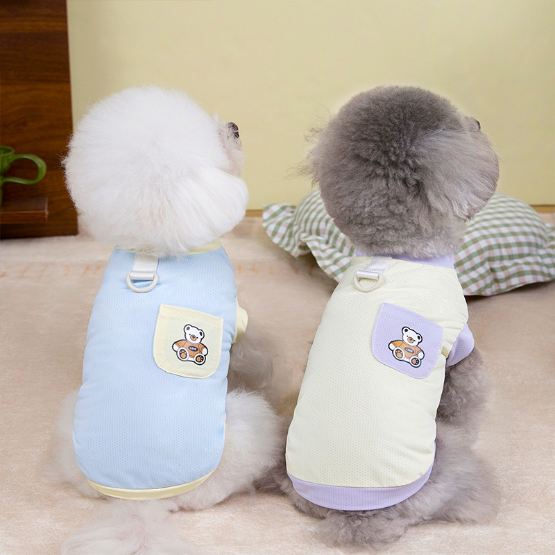 Primavera y verano perro lindo macaron bolsillo oso camiseta perro pequeño y mediano peluche bichón gato mascota ropa