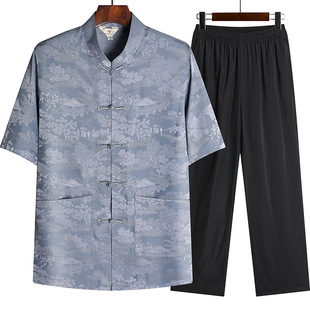 Summer Tang suit men's middle-aged and elderly Ice Silk Cotton short sleeve suit Chinese style Dad's summer thin clothes for the elderly