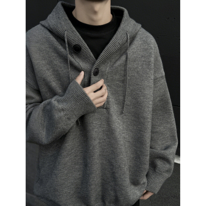 American Retro Gray Hooded Knitwear Men's Autumn and Winter Lazy Style Loose Versatile Casual Top Jacket