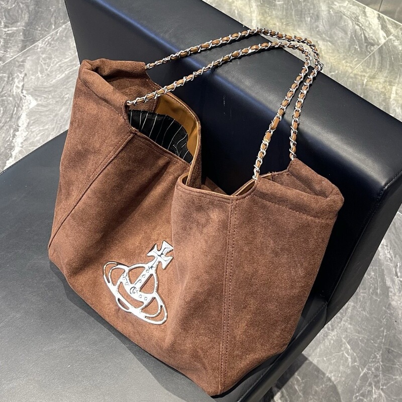 Queen Mother's suede tote bag, Saturn niche design hobo large-capacity shopping bag, single-shoulder underarm chain bag