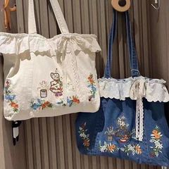 春夏新款森系甜美日系文艺复古甜美蕾丝拼接绣花单肩牛仔手提包包