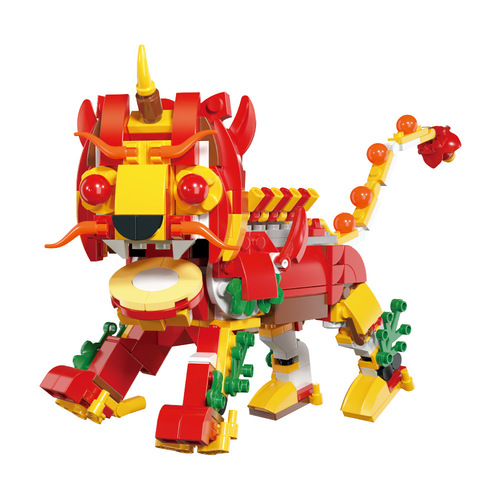Chinese building blocks puzzle assembly small particles compatible with Lego children's blind box national trend lion awakening god of wealth gashapon New Year
