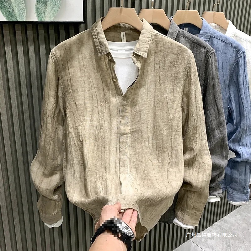 Linen Pleated Long-Sleeved Shirt for Men, Autumn and Winter Retro Breathable Non-Iron Cotton and Linen Shirt Thin Jacket