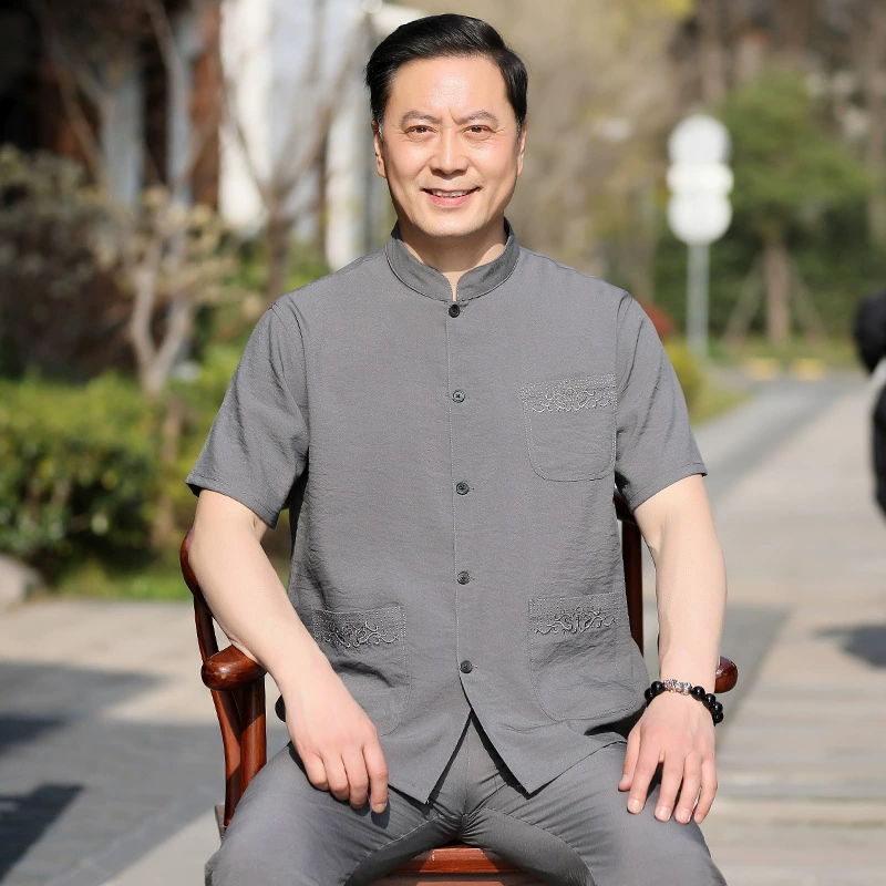 Silk set for boys for elderly, Hanfu, with short sleeve, Chinese style