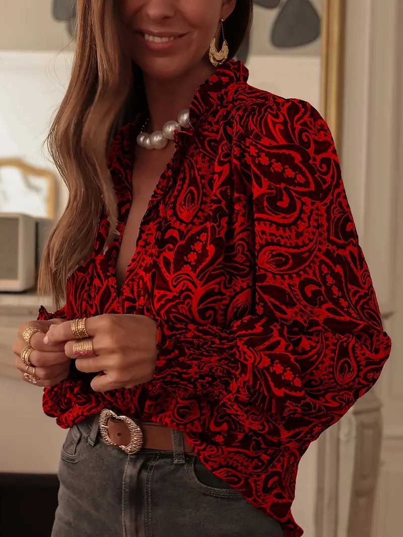 Retro Print Long Sleeve Loose Fitting Women's Shirt Casual Style Blouse For Spring Autumn Regular Fit Polyester Clothing_ecoleips.com