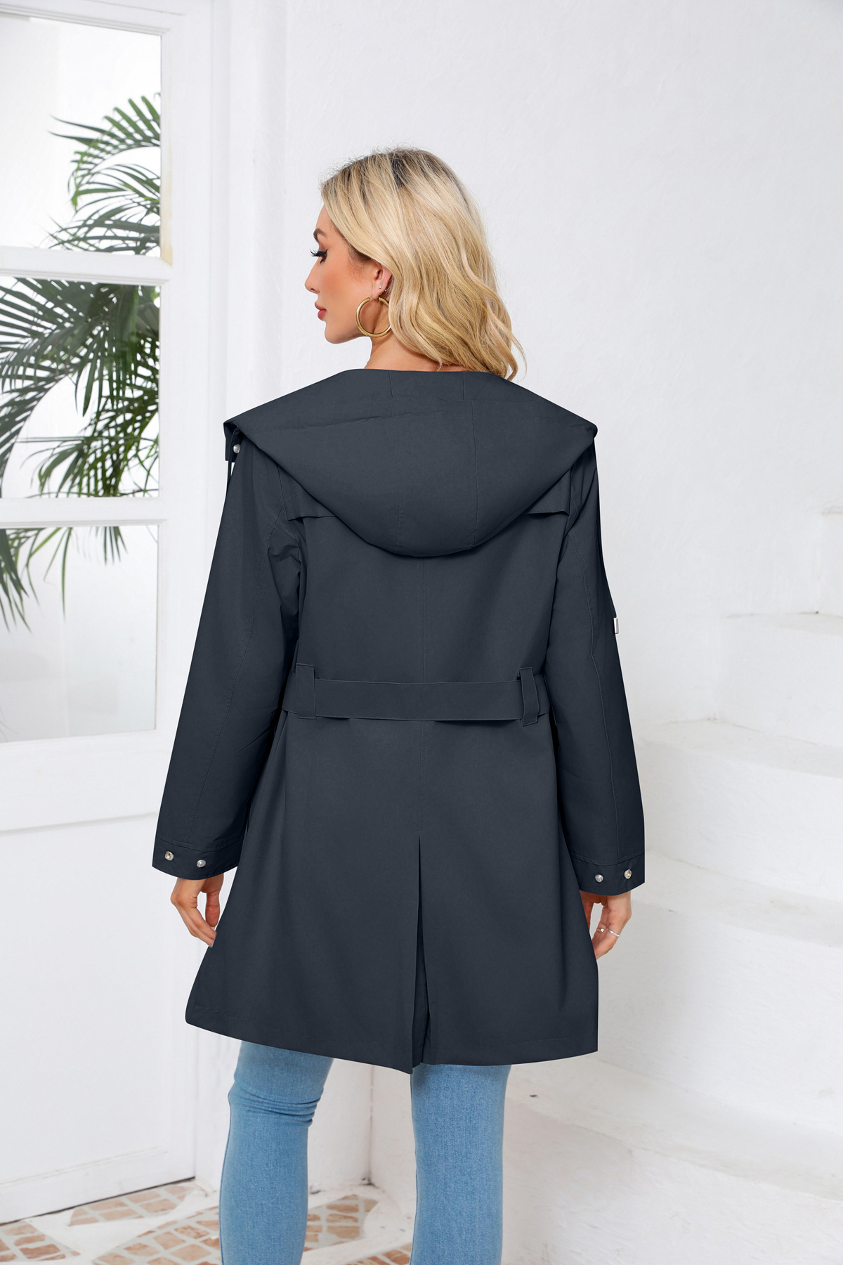 Women's Clothing Spring and Autumn Hooded Water Repellent Jacket with Belt Thin Casual Loose Windbreaker _voghion.com