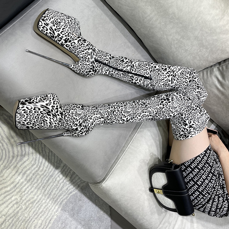 Boot nữ cổ cao quá gối họa tiết da báo mũi tròn khóa kéo gót thép 19 cm — Màu trắng chi tiết 2