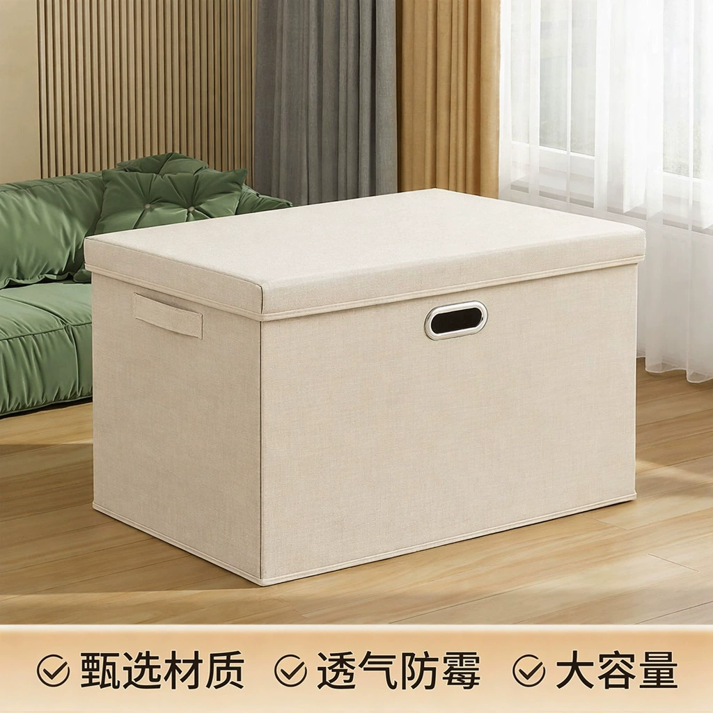Foldable Storage Box, Cotton-Linen Fabric with Metal Frame, Top-and-Bottom Lid, Multiple Sizes