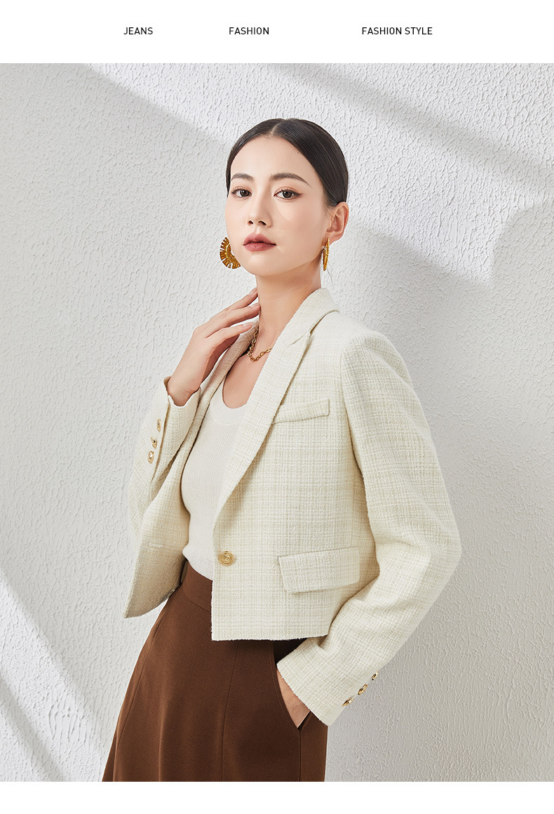 Áo blazer len ngắn nữ thiết kế độc đáo, phong cách mùa thu — Màu be chi tiết 11