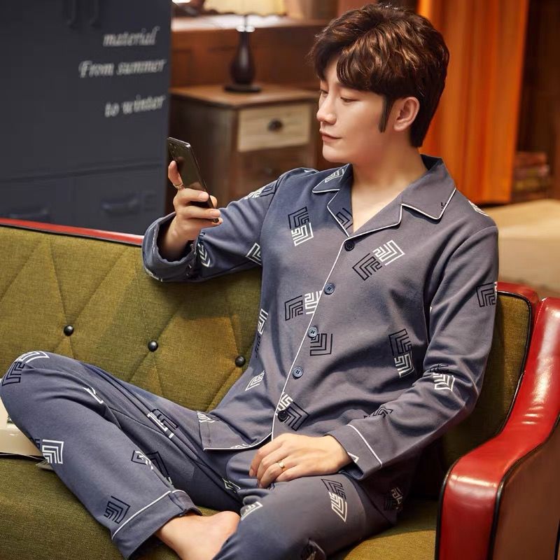 Pijamas de algodón para hombres primavera y otoño nuevos pantalones de manga larga primavera y otoño para hombres pijamas de tamaño grande set de ropa de casa para salir