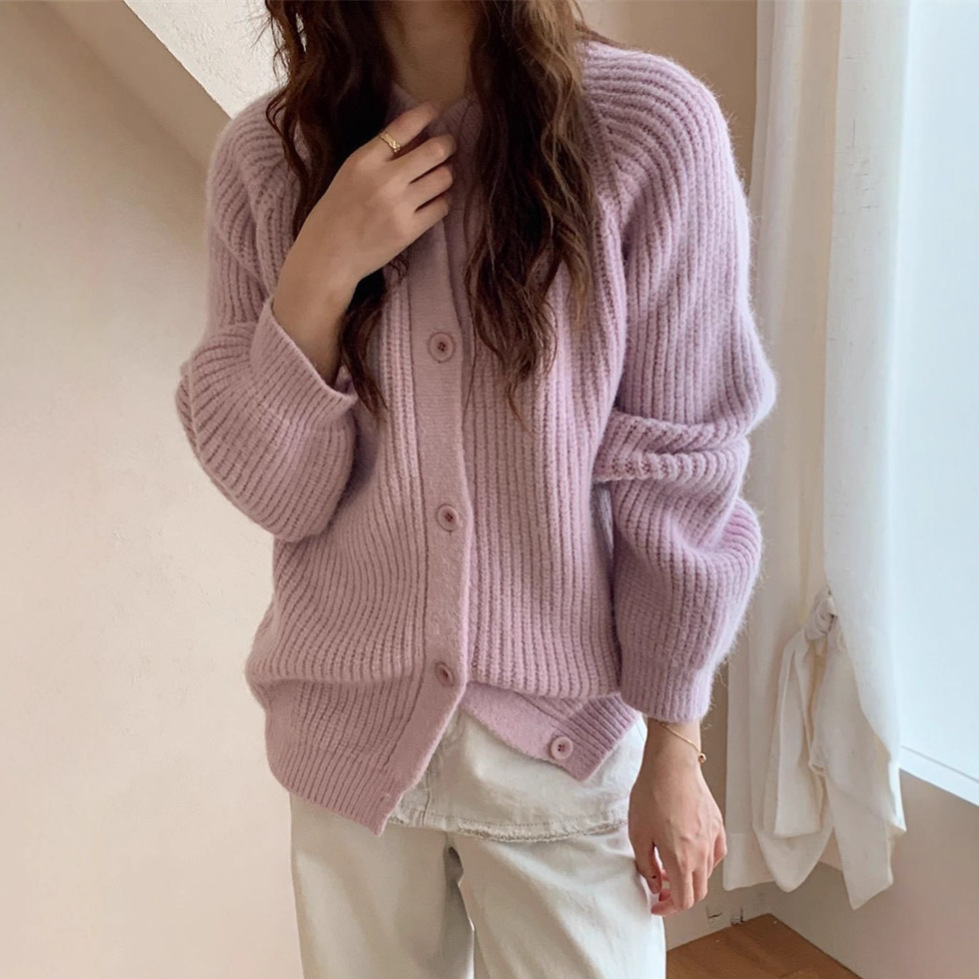 圆领粗针毛衣外套女秋冬新款纯色百搭元宝针慵懒针织开衫上衣1105