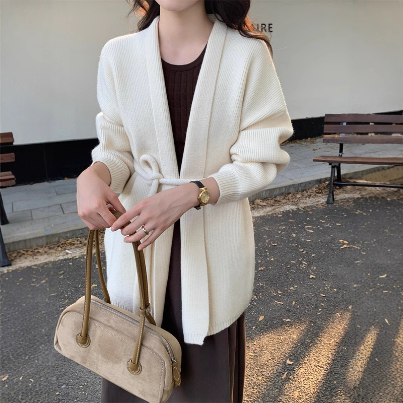 [Real shot] French Bathrobe Style Lace-up Knitted Sweater Jacket Simple Elegant All-match Loose Thickened Cardigan Women