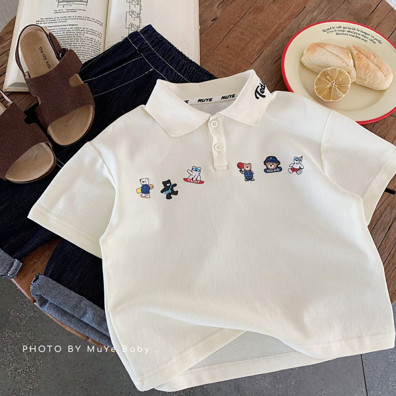 Muye Kidsren's Summer Short-Sleeved Cartoon Korean Style Polo Shirt Clothing for Boys and Girls, Versatile and Cute Lapel T-Shirt Kidsren's Clothing