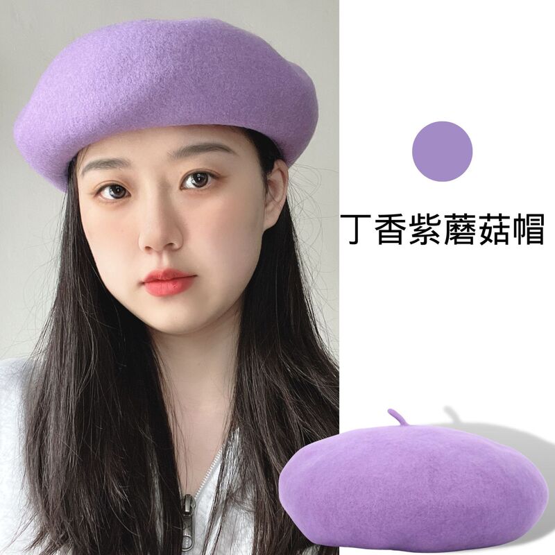 新款秋冬羊毛贝雷帽子女时尚羊绒蘑菇帽深檐大头围立体画家帽批发|undefined