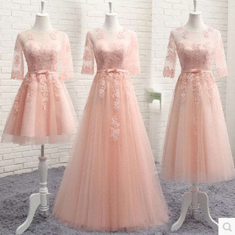 Pink Bridesmaid Dresses 2026 New Summer Wedding Mid-Length Evening Dresses with Mid-Sleeves for Bridesmaids Wholesale