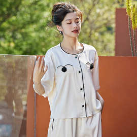 睡衣女士新款春秋季冰丝短袖长裤开衫舒适休闲家居服两件套可外穿
