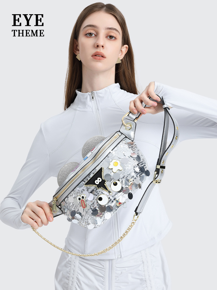 Bolso de pecho de cadena de tendencia unisex para mujer Bolso de impresión de un solo hombro con diseño de lenta de dibujos animados lindo 2607 #