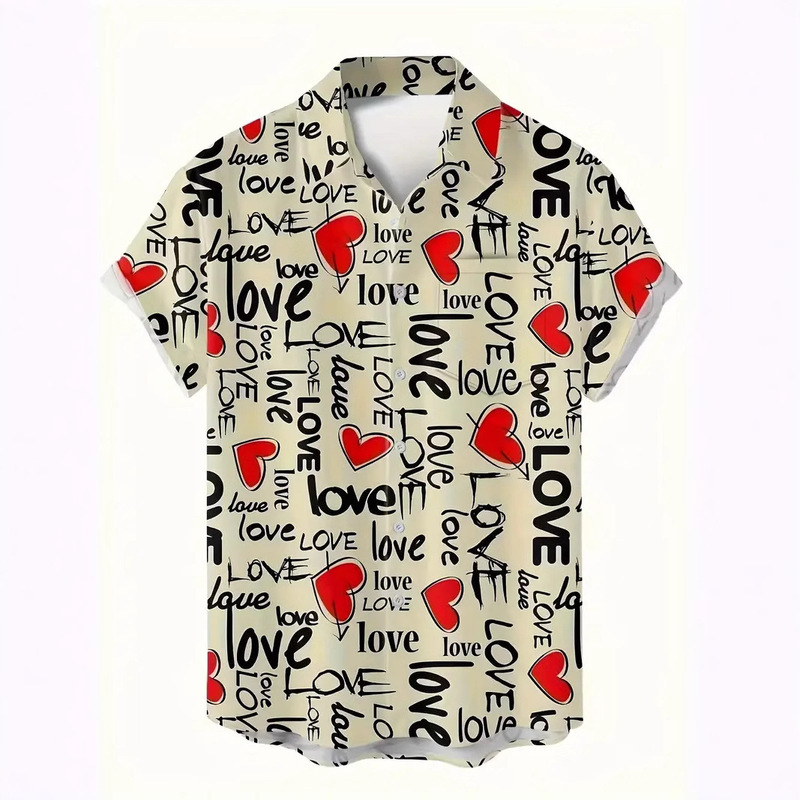 Valentine's Day Love Rose Pattern 3D Digital Print Short Sleeve Shirt Men's Casual Lar Shirt Top Valentine's Day Love Rose Pattern 3D Digital Print Short Sleeve Shirt Men's Casual Lar Shirt Top