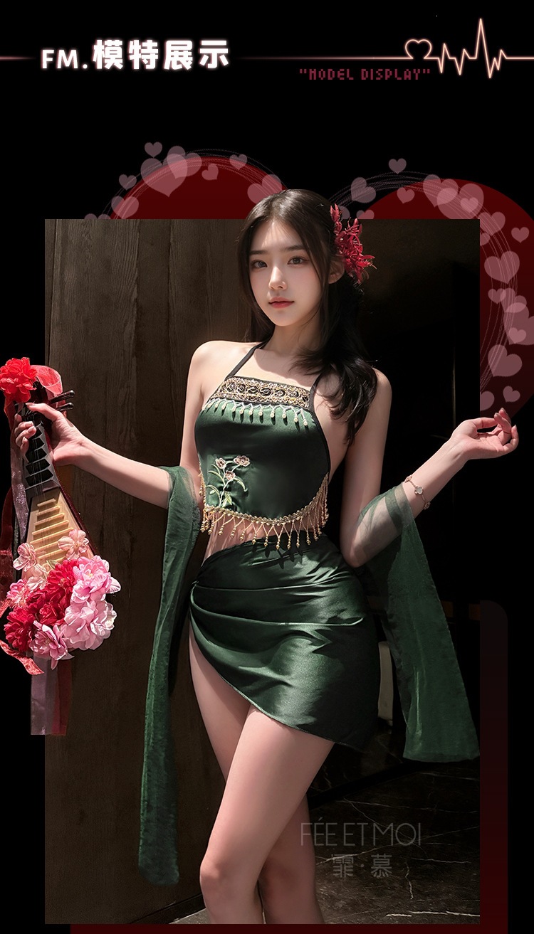 Feimu Qixi Embroidered Bellyband Lingerie Set with Open-Butt T-Back, Tulle Skirt and Veil — detail image 16