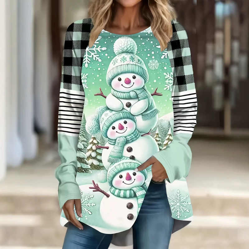 Y1 Christmas Snowman Color-Block Plaid Patchwork Long Sleeve T-Shirt for Women, Loose Round Neck Casual Printed Top