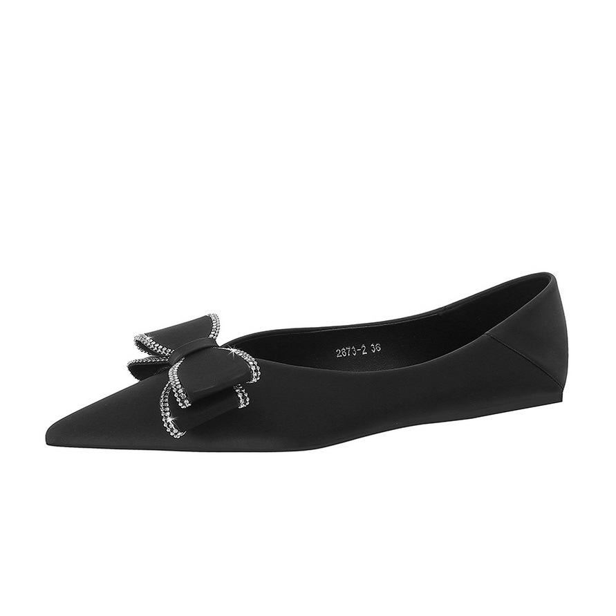 2873-H36 Korean version fashionable and comfortable flat shoes, shallow mouthed pointed silk satin rhinestone bow flat heel shoes, women's shoes