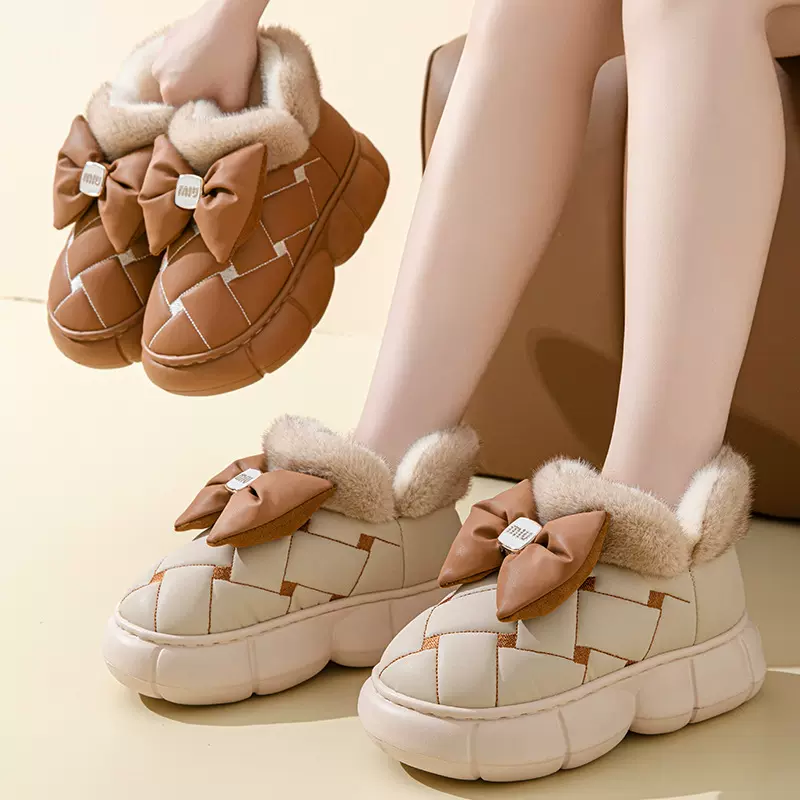 高跟棉拖鞋女士厚底室内家用时尚蝴蝶结PU皮防水拖鞋冬季加厚保暖
