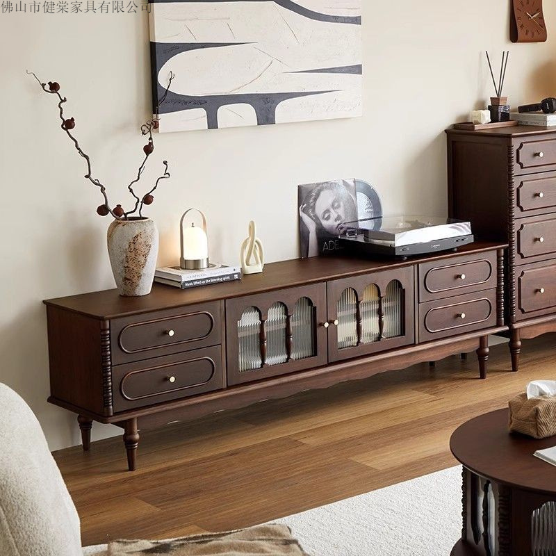 Solid Wood Retro French American Floor-Standing Living Room Storage Cabinet Tv Cabinet Coffee Table Combination Storage New Internet Celebrity Home